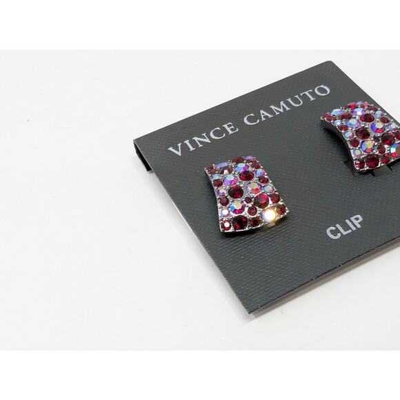 Vince Camuto Clip On Earrings Silver Tone Rectangular Red Rhinestone New - Picture 2 of 4
